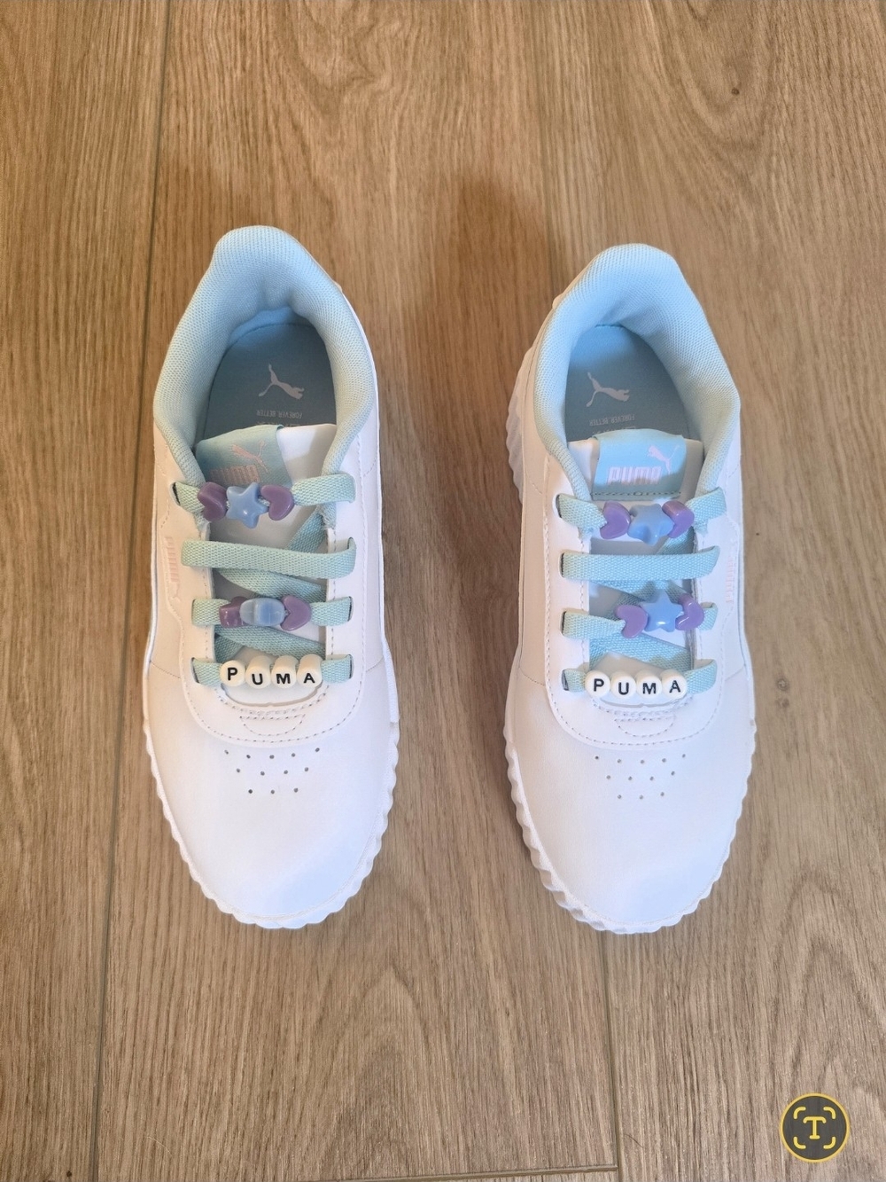Puma Kids White Sneakers with Light Blue Lining and Lavender Accents